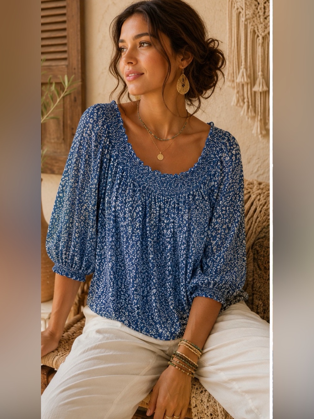 Blue Floral Peasant Blouse Medium Boho Cottagecore Smocked Neck Top